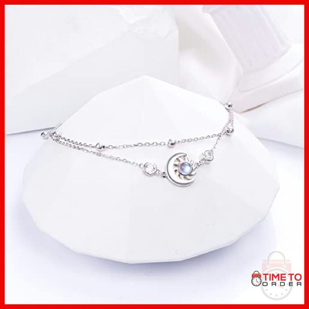925 Sterling Silver Adjustable Anklet with Moonstone Charm - Picture 7 of 8